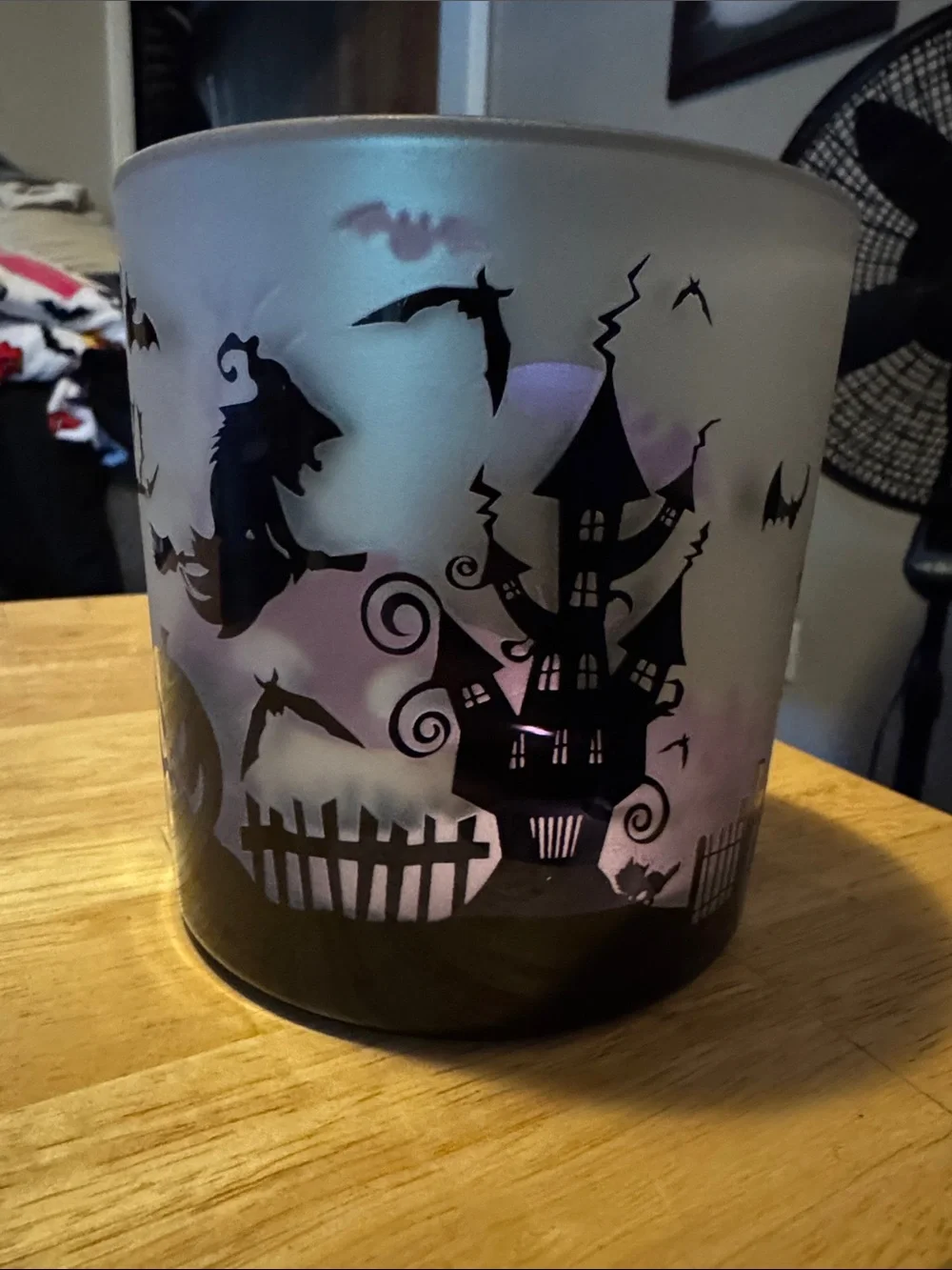 Halloween Haunted House Frosted Glass Candle Holder - Black and Purple